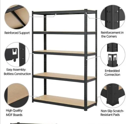 Good Quality Black 4 Layer Boltless Shelf Angle Steel Light Duty Industrial Warehouse Storage Rack Kitchen Storage Rack Metal