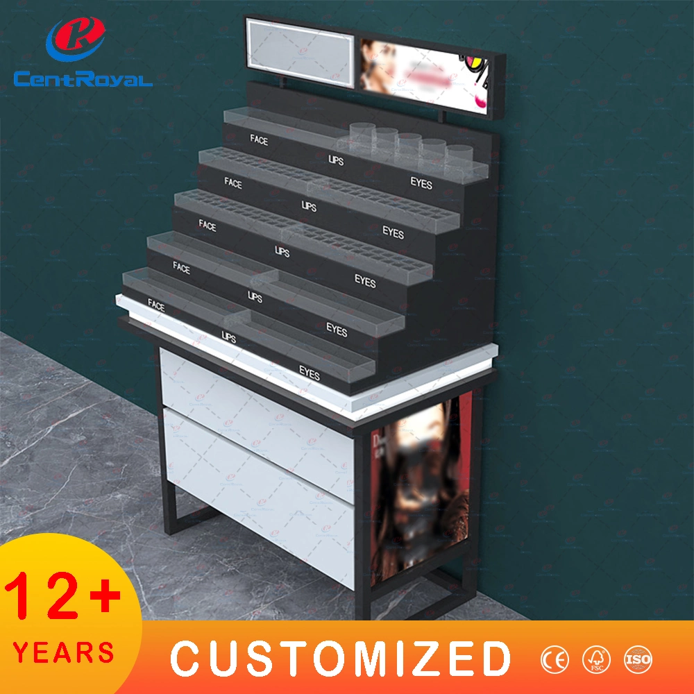 Customized Metal Wood Floor Standing Cosmetic Makeup Display Stand Rack Shelf